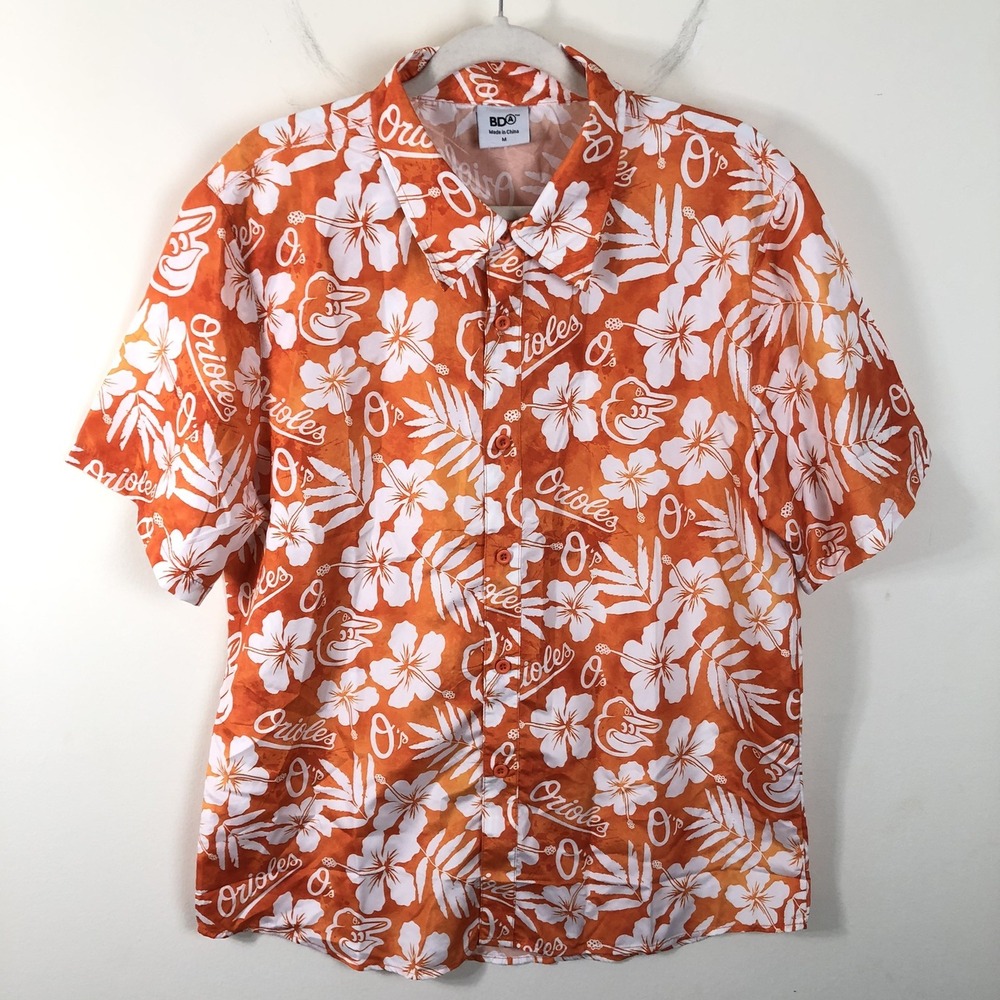 Baltimore Orioles Short Sleeve Button Up Hawaiian Shirt Men's Medium Orange